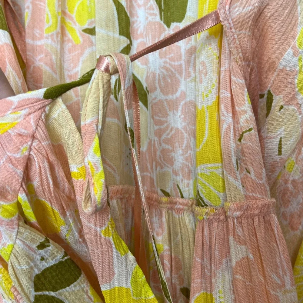 Free‎ People Tunic Top Mini Dress XS Yellow Floral Wrap Tiered Ruffle Boho Gauze